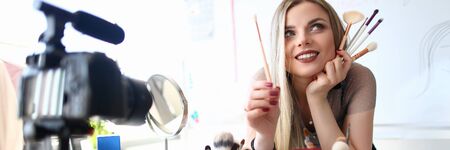 Dreamy Girl Fashion Blogger Work on Video Blogの写真素材