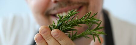 Smiling Chef Holding Green Rosemary Herb Bunch