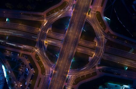 Night city bsckroun scene top view. Road junction concept