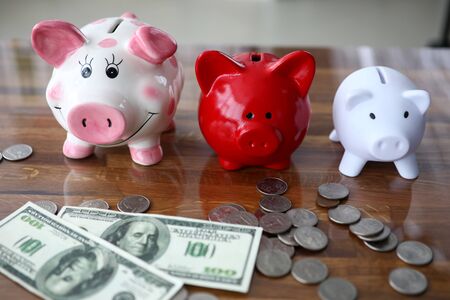 Focus on colorful stashing pigs standing on varnished wooden table with green banknotes and...