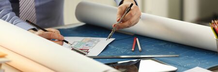 Architect Drawing Building Reconstruction Sketch. House Designing Concept. Professional Engineer...
