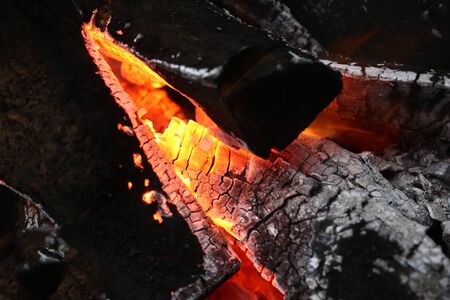 Warm light from flames in fireplace with wood. Top layer chopped pieces wood began to char and...