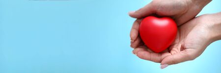 Woman hand hold red toy heart in hand against blue background closeup. Charity people conceptの写真素材