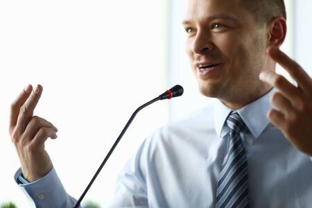 Male businessman implements progress report for year portrait. Business training on seminar education conceptの写真素材