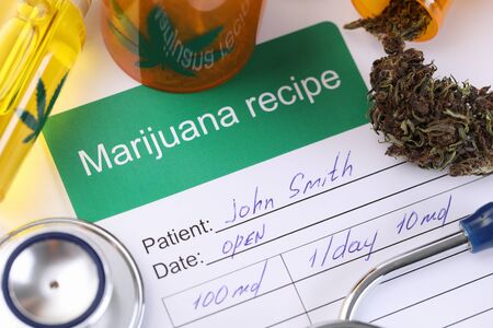 Prescribing doctor for marijuana use by patient. Cannabis is used in treatment cancer patients as an agent that suppresses nausea. Cannabis oil intake. Supervision licensed doctorの写真素材
