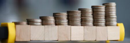 Close-up table are coins growing in wooden blocks. Accumulation funds. To encourage fundraising. Accounting income and expenses. Creation cash reserves. Savings plan, profitable deposit offersの写真素材