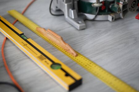 Close-up of different types of level. Renovation in apartment. Professional device for building....