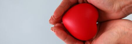 Close-up of tender female hands holding bright red heart. Transplantology, healthcare and cardiology concept. Isolated on blue background. Empty copy spaceの写真素材