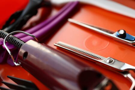 Close up of professional hairdressing scissors, hair clipper and hairgrips on red surface