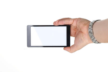 Close up of male hand showing modern smartphone isolated on white background. Copy space on screen....