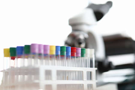 Laboratory with test tubes and microscope for research. Science experiments startup concept