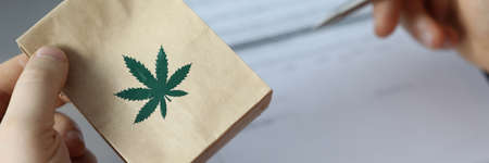 Close-up of person holding package with cannabis. Patients hand signing paper at doctors office. Meds for therapy. Traditional medicine and healthcare conceptの写真素材