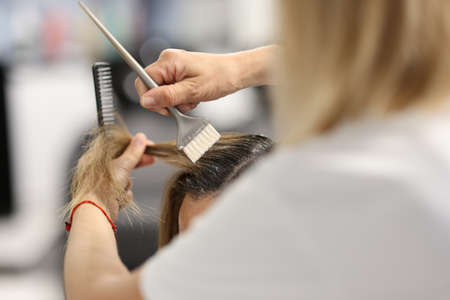 Hair dye with brush close-up. Woman hold lock of client hair and makeover.の写真素材