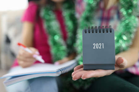 Two people are sitting on sofa with New Years garland holding calendar for 2021 on their hand. Drawing up and planning tasks for the next year conceptの写真素材