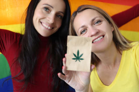 Two women are holding a lgbt flag and paper bag with marijuana sign. How marijuana affects sexual orientation conceptの写真素材