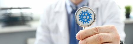 Close-up of stethoscope detail and germ. Doctor in white uniform. Microbe and virus spread. Handover...
