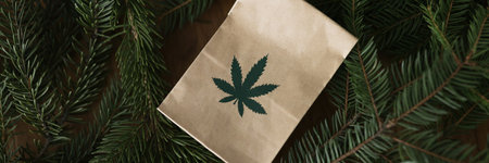 Paper bag with marijuana in frame of fir branches top view. Legal sale of cannabis concept.の写真素材