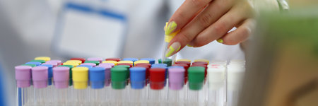 Close-up of laboratory assistant hand holding test-glass. Tubes with multicolored lids with dna in...