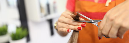 The hairdresser holds the clients hair and mills their ends with scissors. Hair alignment in a...