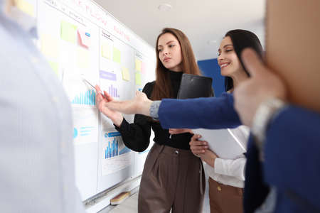 Business employees study business figures on white board