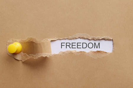 Word freedom is written on torn piece of paper closeupの写真素材