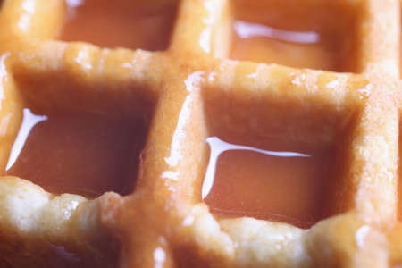 Appetizing Belgian waffles with caramel sauce closeupの写真素材