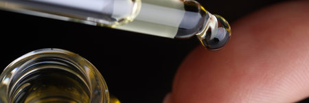 Woman holding bottle of makeup, moisturizing serum or oiの写真素材