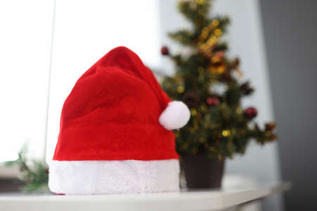 Santa claus hat standing near christmas tree closeupの写真素材