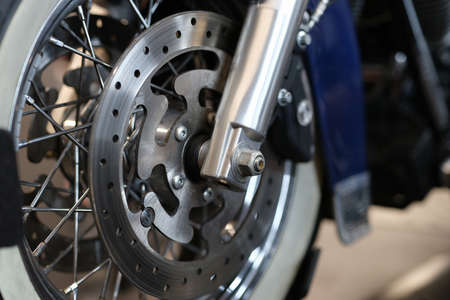 Closeup of brake disc on motorcycle wheelの写真素材