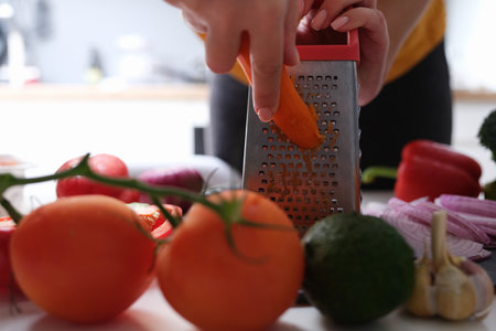 Chef grating carrots to make vegetable salad closeupの写真素材