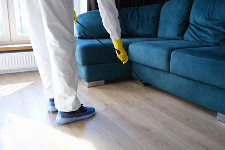 Person in protective suit and gloves is treating room from painful bacteria. Disinfection of...