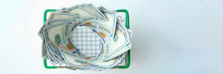 One hundred US dollar bills lie in shopping basketの写真素材