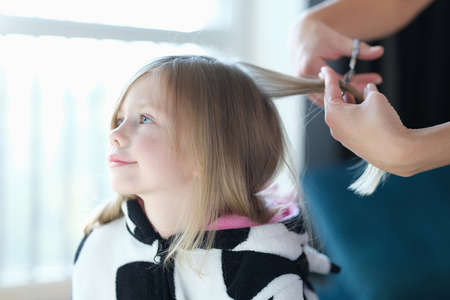 Hairdresser cutting hair of little girl in beauty salon
