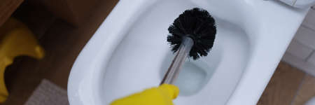 Gloved hand is cleaning toilet with brush closeupの写真素材