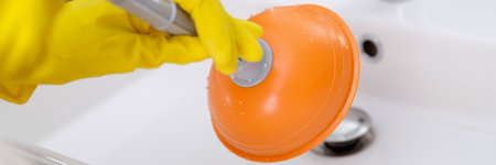 Plumber with rubber gloves cleaning sink with plunger in bathroom closeupの写真素材
