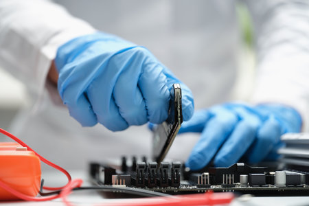 A man in production inserts a microcircuit into a device