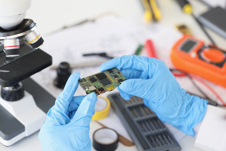 Technician hold component of digital device, repair smartphone at homeの写真素材