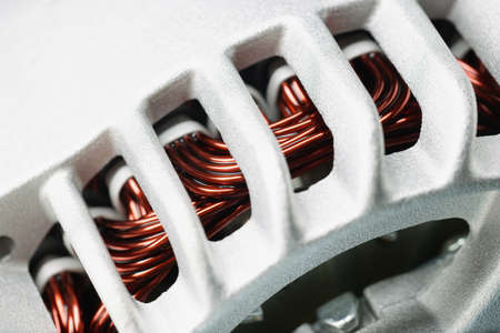 Electric motor stator, winding coil, electric induction motor under repairing, armature detail