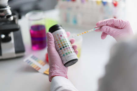 Scientist hold litmus test paper for soil analysis, litmus paper show acidity, chemical analysis