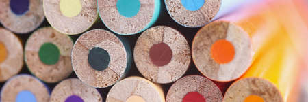 Closeup of many multicolored blunt pencils backgroundの写真素材