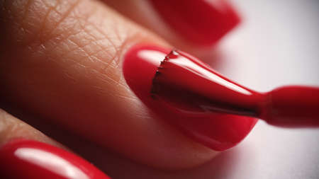 Manicurist paints nails with red gel polish closeupの写真素材