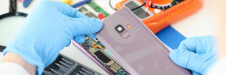 Craftsman in rubber gloves closing cover of mobile phone in workshop closeupの写真素材