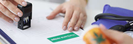 Close-up of practitioner hand giving stample on prescriptionの写真素材