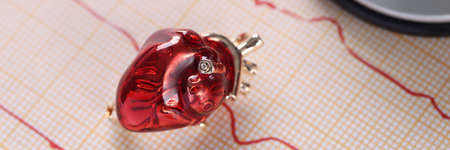 Red glass miniature heart toy lay over heart cardiogram resultの写真素材