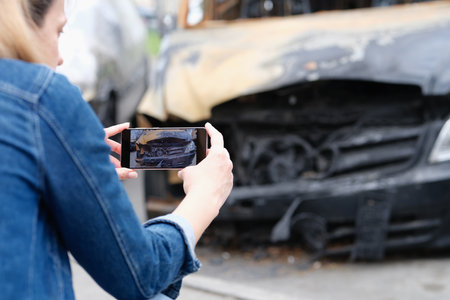 Woman insurance agent or reporter journalist taking pictures of burnt carの写真素材