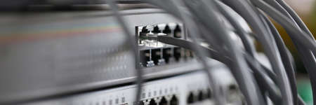Optical mains cables connected to main server closeup