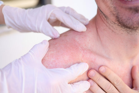 Doctor in gloves conducts initial examination of man with sunburn on skin of his shoulders and backの写真素材