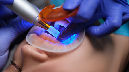 Doctor dentist illuminating filling with modern light lamp in clinic closeup