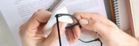 Female hands wiping eyeglasses with napkin at table closeupの写真素材