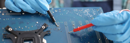 Repairman diagnosing breakdown in computer motherboard using tester closeup